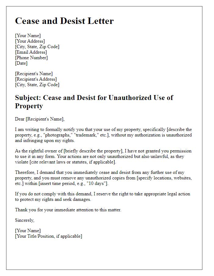 Letter template of cease and desist for unauthorized use of property