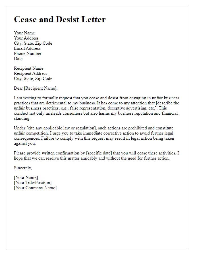 Letter template of cease and desist for unfair business practices