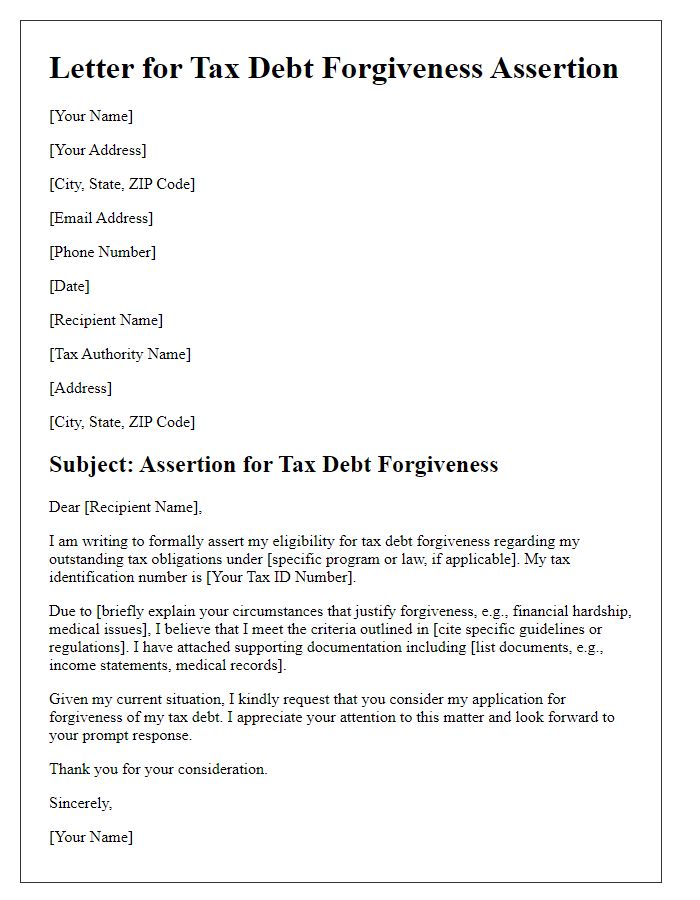 Letter template of assertion for eligible tax debt forgiveness