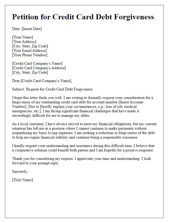 Letter template of petition for credit card debt forgiveness