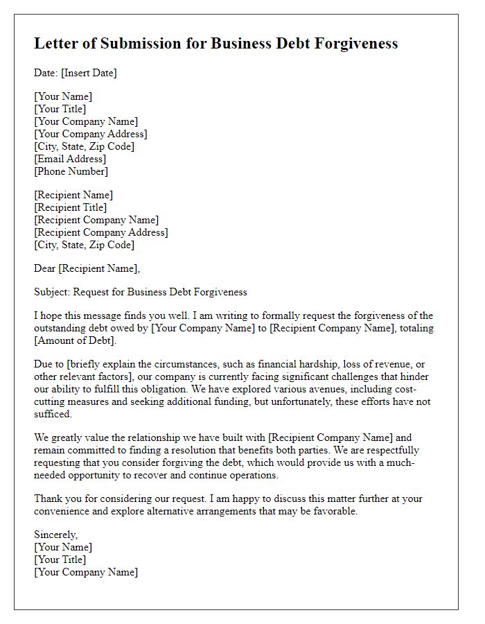 Letter template of submission for business debt forgiveness