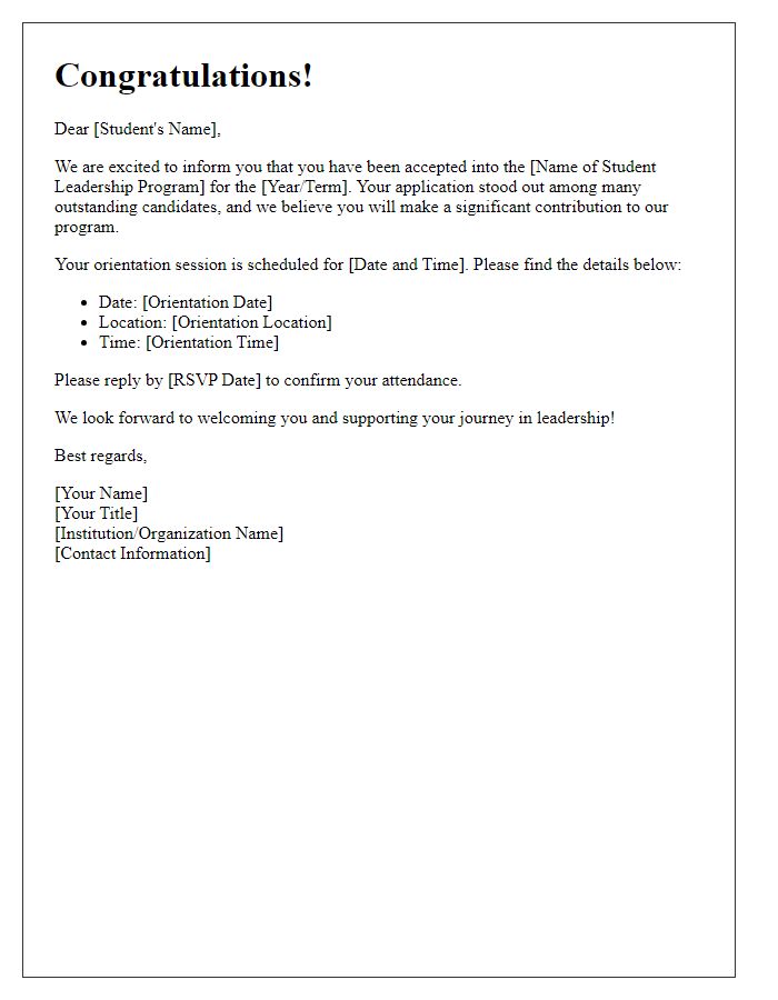 Letter template of acceptance into student leadership program