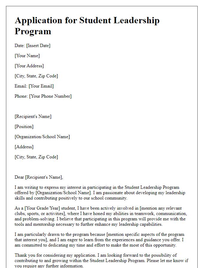 Letter template of application for student leadership program participation