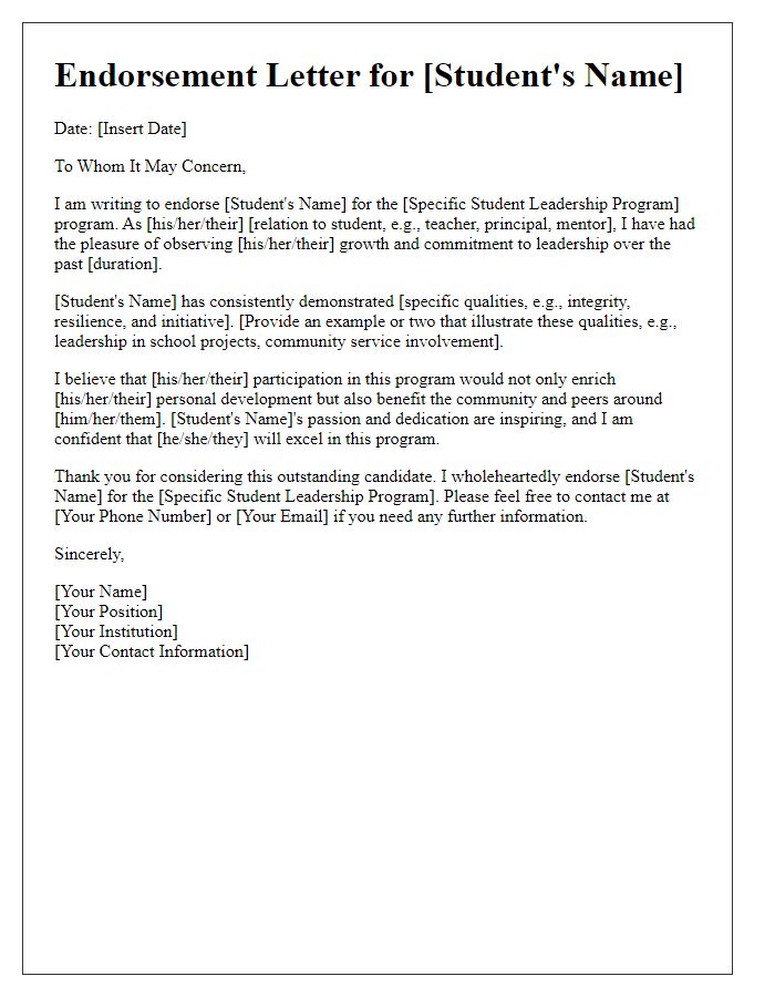 Letter template of endorsement for student leadership program candidate