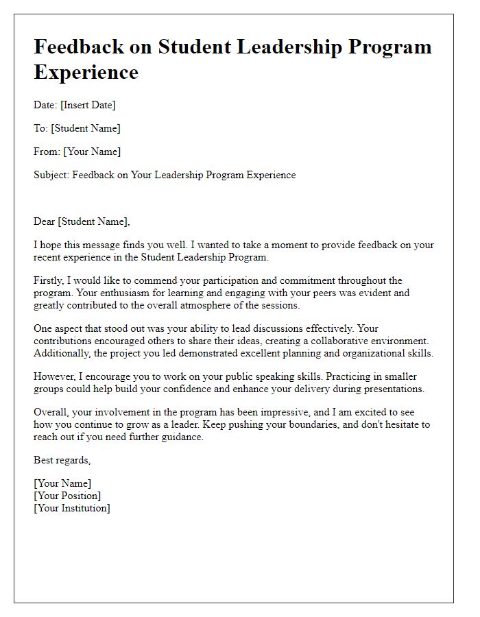 Letter template of feedback for student leadership program experience