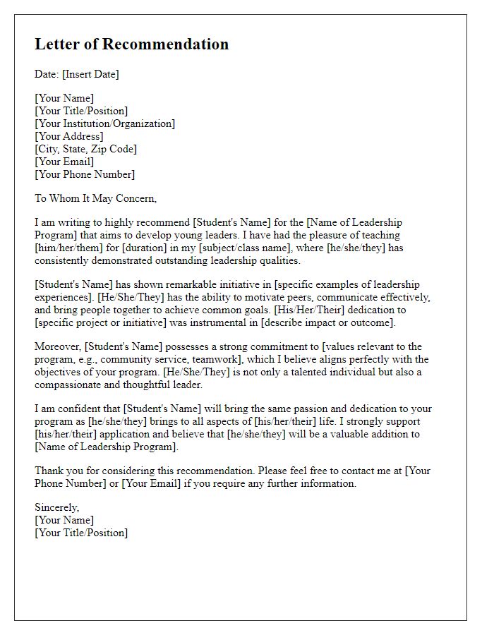 Letter template of recommendation for student leadership program applicant