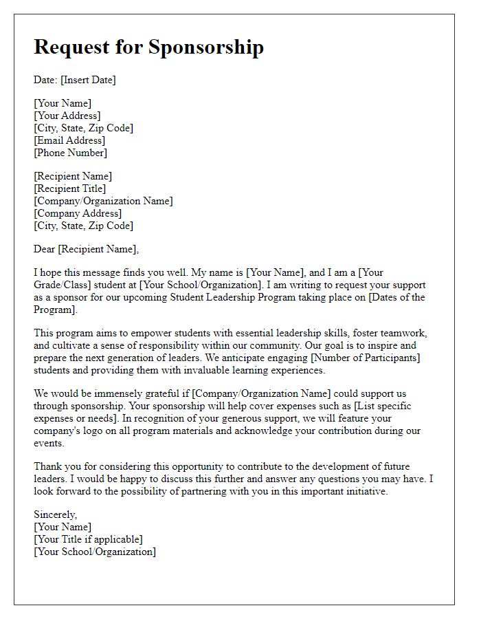 Letter template of request for sponsorship for student leadership program