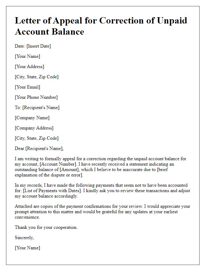 Letter template of appeal for correction of unpaid account balance