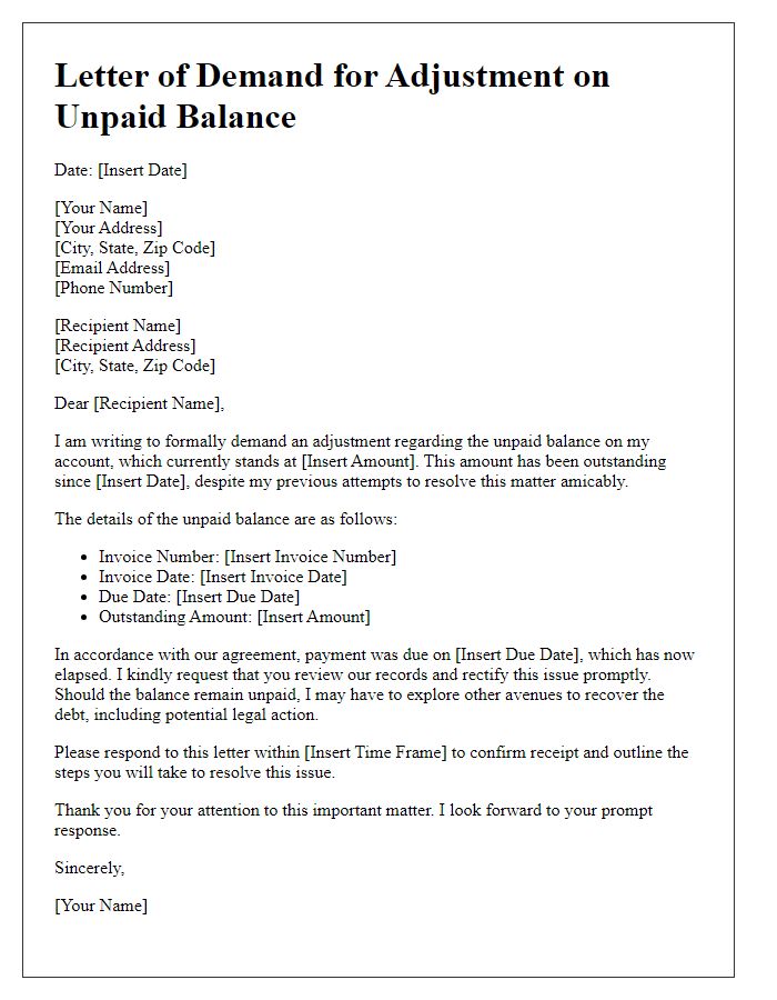 Letter template of demand for adjustment on unpaid balance issue