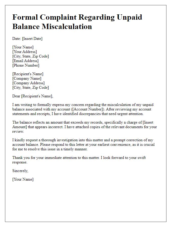 Letter template of formal complaint about unpaid balance miscalculation