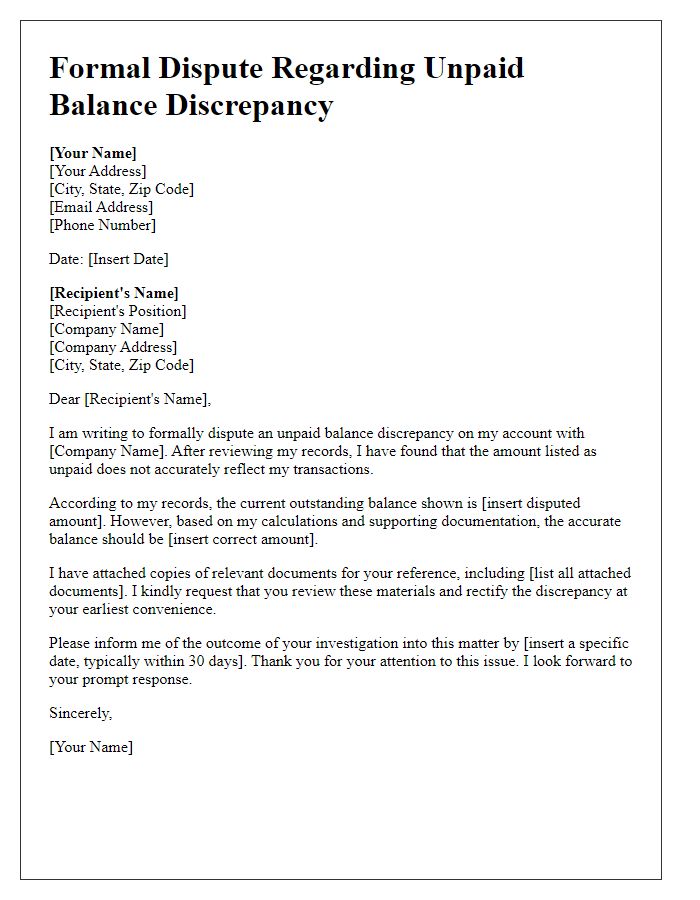 Letter template of formal dispute regarding unpaid balance discrepancy