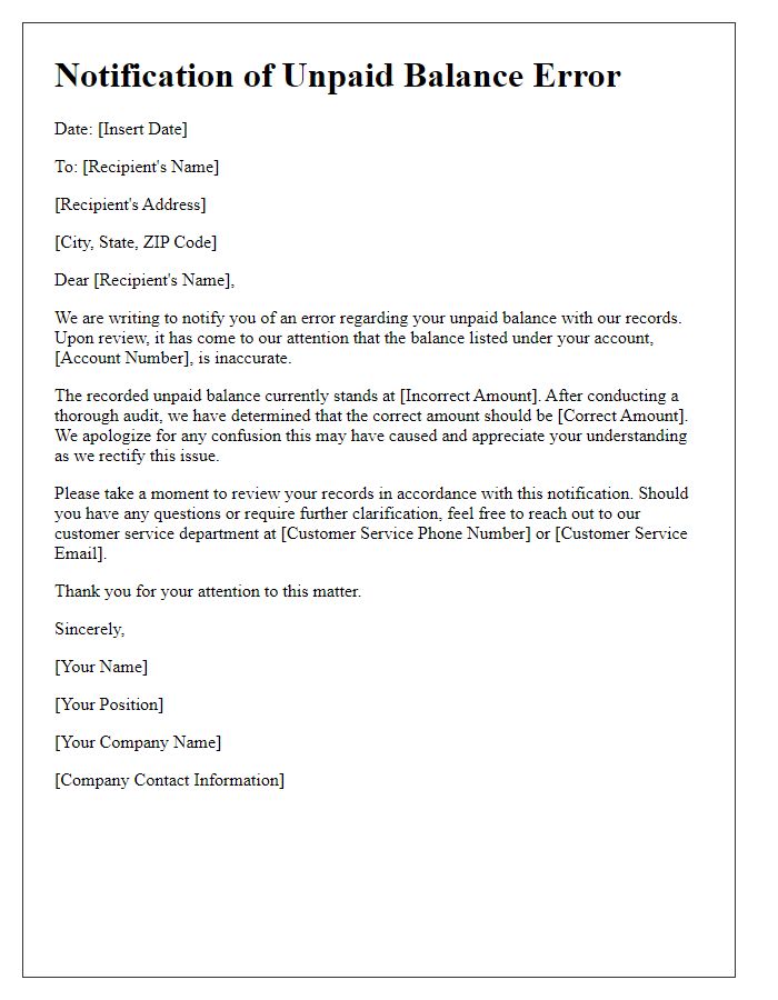 Letter template of notification of unpaid balance error
