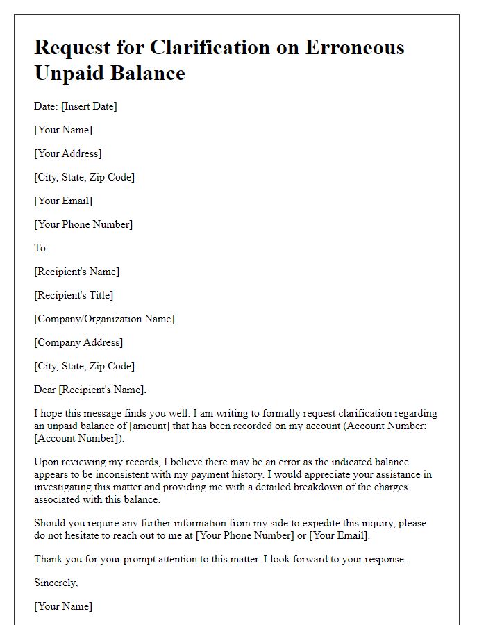 Letter template of request for clarification on erroneous unpaid balance