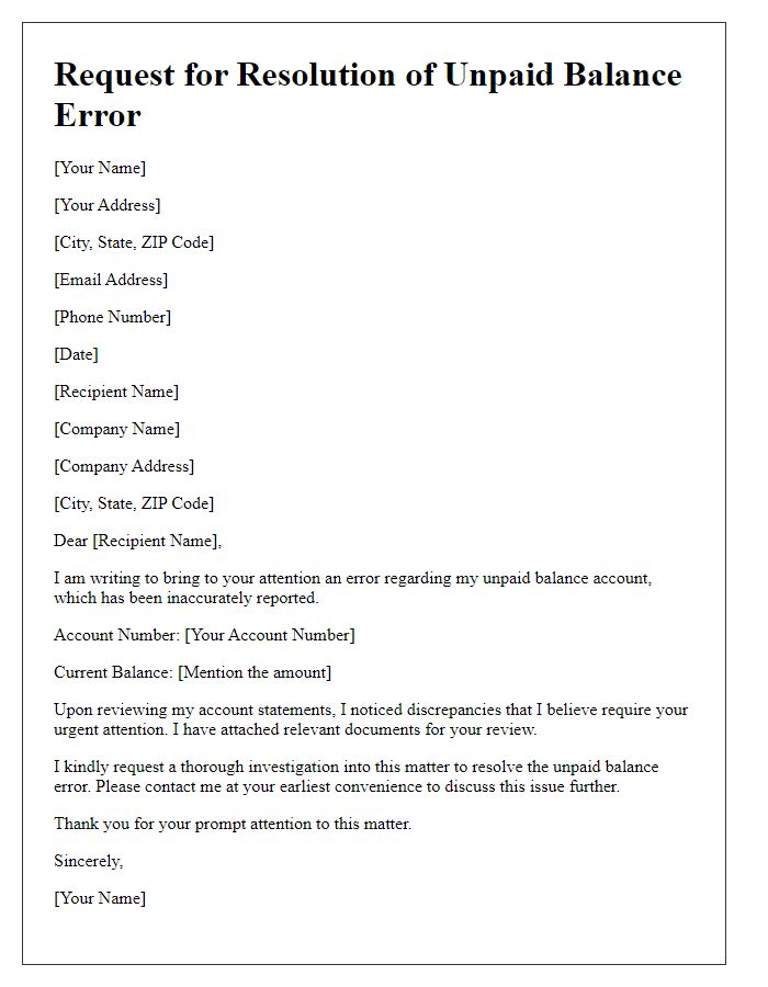 Letter template of request for resolution of unpaid balance error