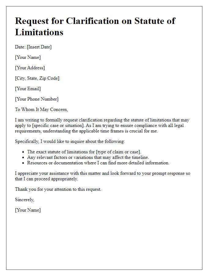 Letter template of request for statute of limitations clarification