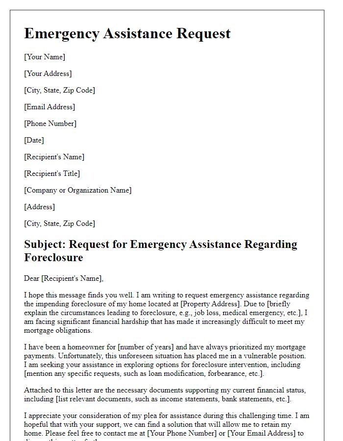 Letter template of emergency assistance plea for foreclosure intervention.