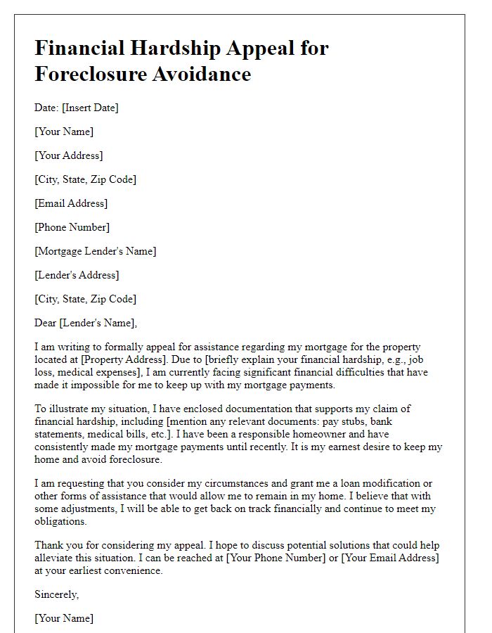 Letter template of financial hardship appeal for foreclosure avoidance.