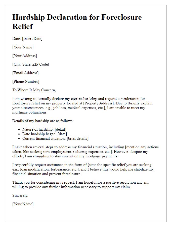 Letter template of hardship declaration for foreclosure relief.