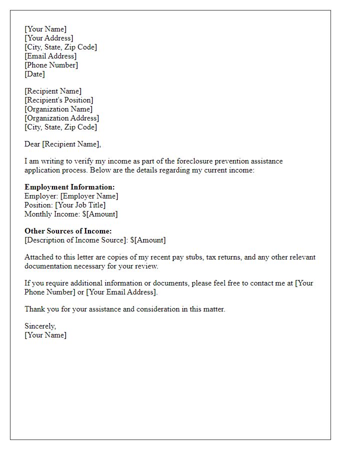 Letter template of income verification for foreclosure prevention assistance.