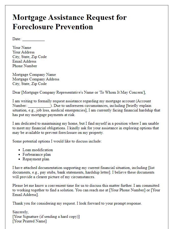 Letter template of mortgage assistance request for foreclosure prevention.