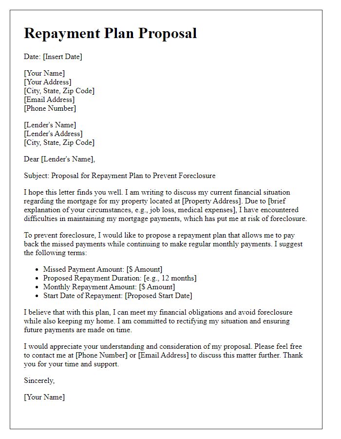 Letter template of repayment plan proposal to prevent foreclosure.