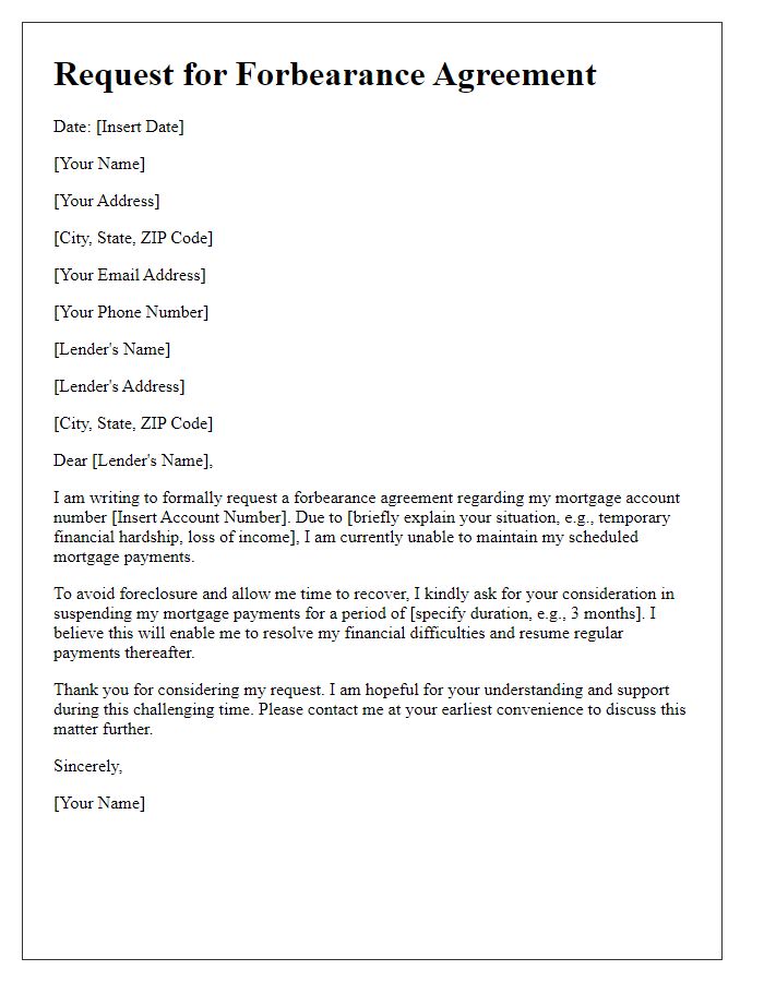 Letter template of request for forbearance agreement to stop foreclosure.