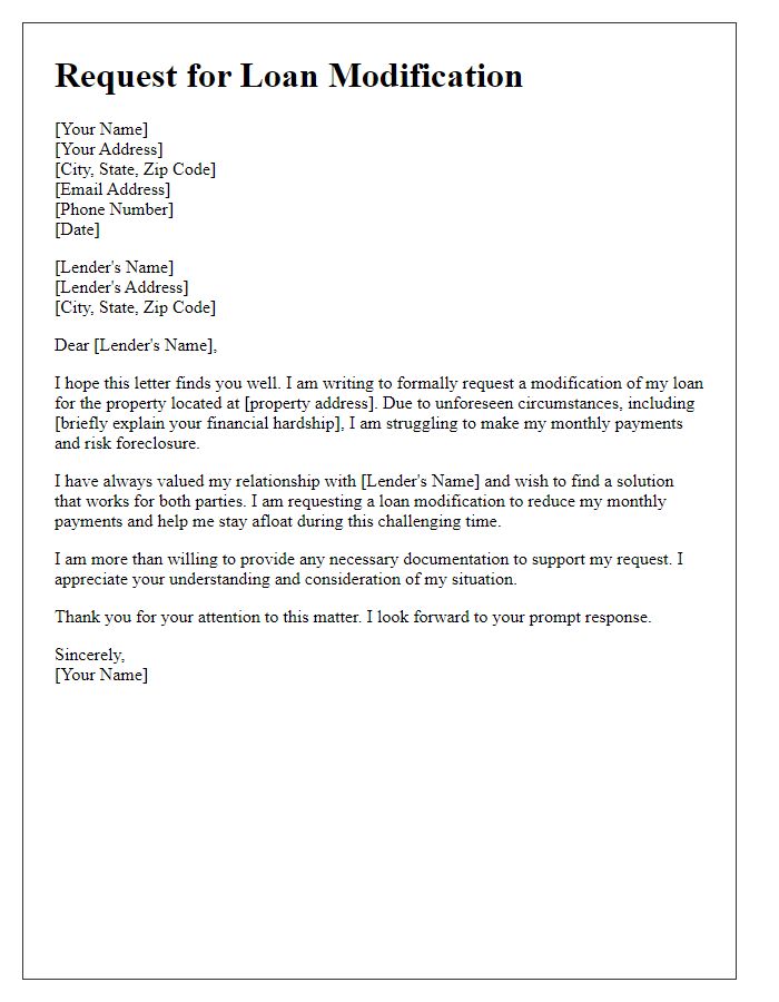 Letter template of request for loan modification to prevent foreclosure.