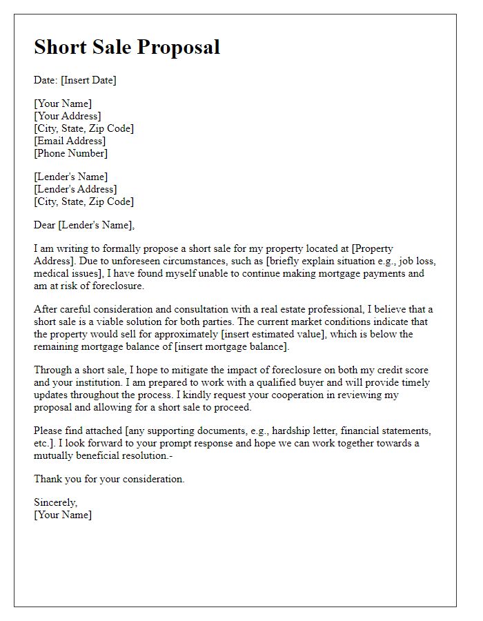 Letter template of short sale proposal for foreclosure mitigation.