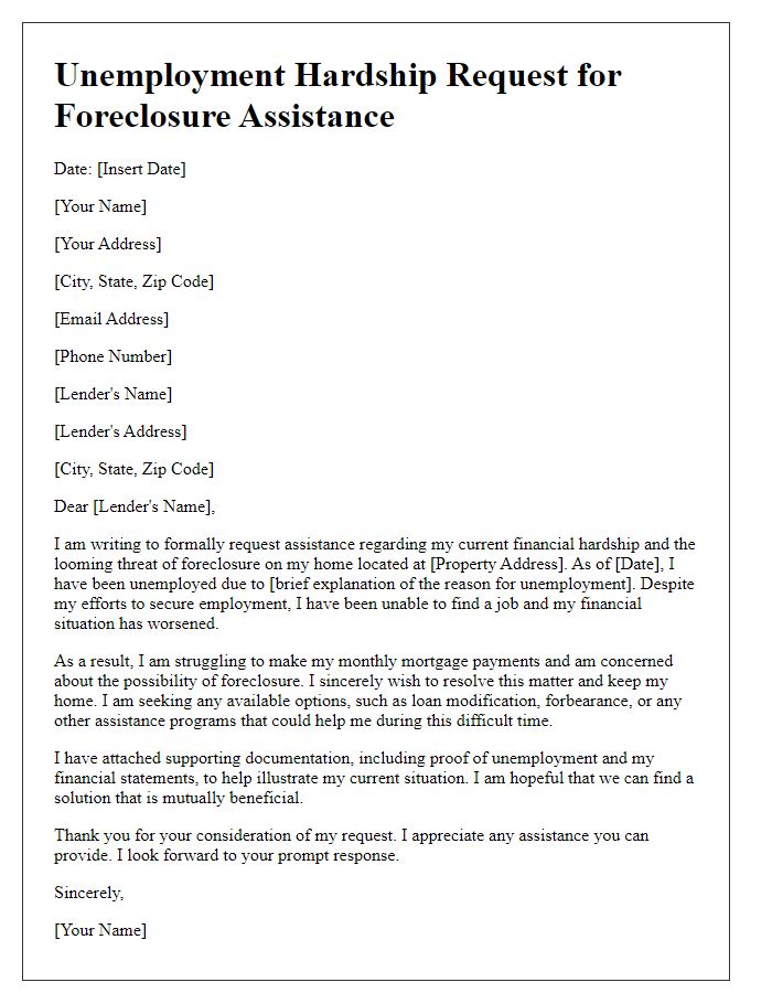 Letter template of unemployment hardship request for foreclosure help.