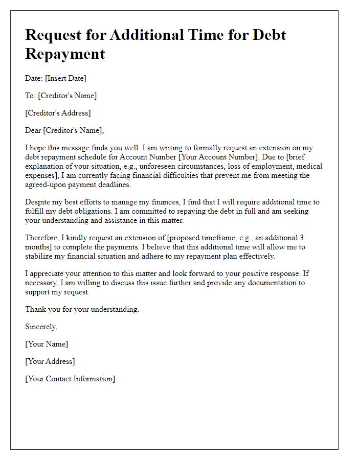 Letter template of explanation for needing additional time for debt repayment