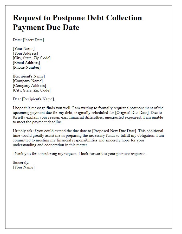 Letter template of request to postpone debt collection payment due date