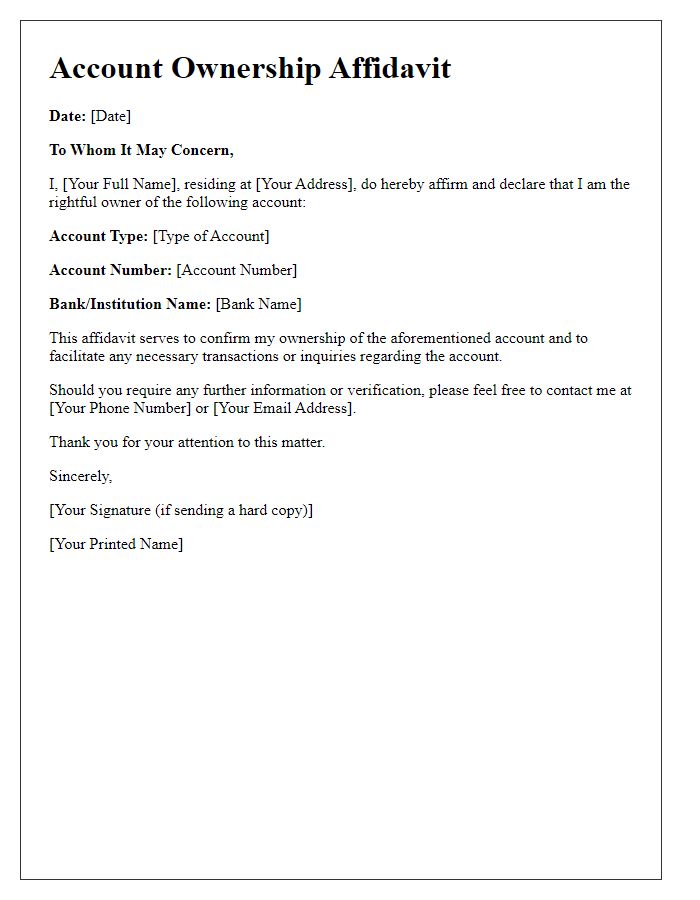 Letter template of account ownership affidavit