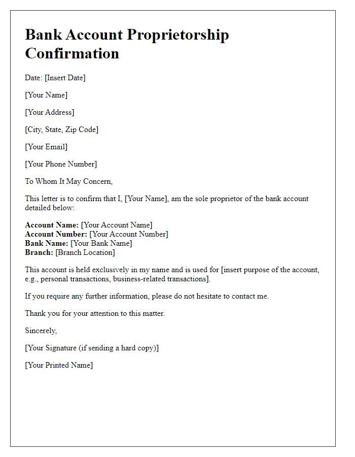 Letter template of bank account proprietorship confirmation