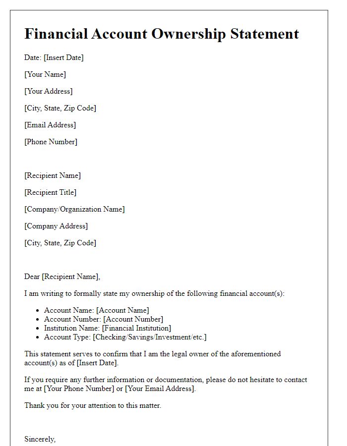 Letter template of financial account ownership statement