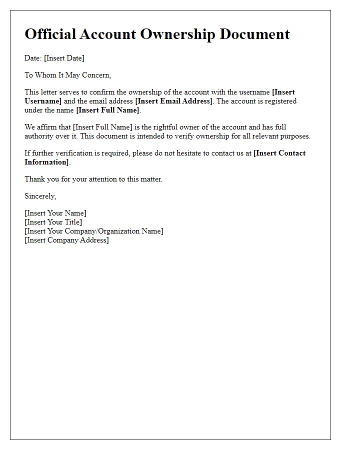 Letter template of official account ownership document