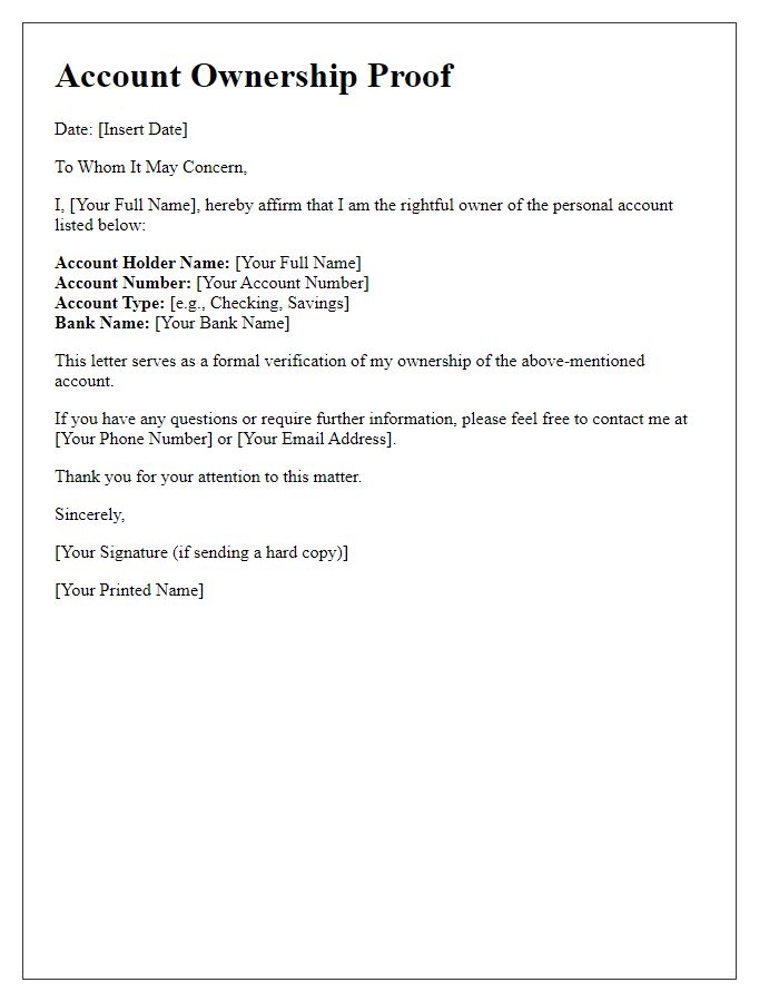 Letter template of personal account ownership proof