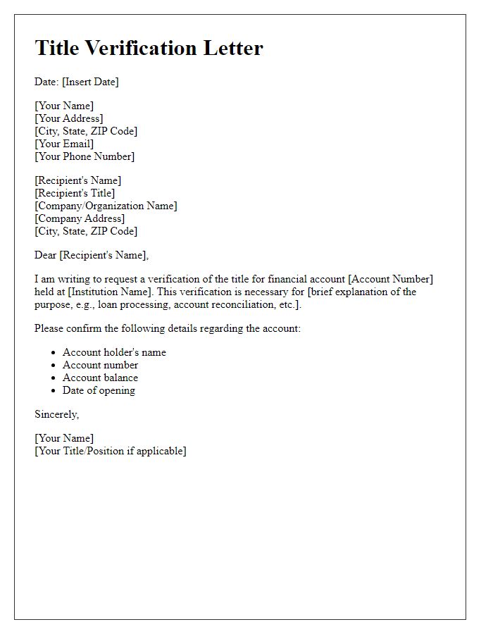 Letter template of title verification for financial account