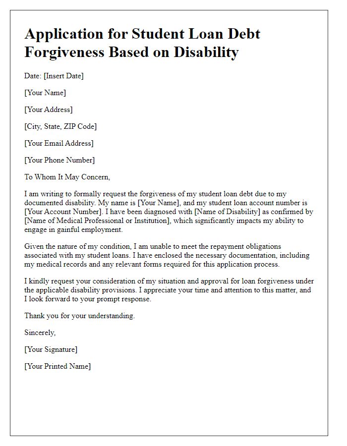 Letter template of application for student loan debt forgiveness based on disability.