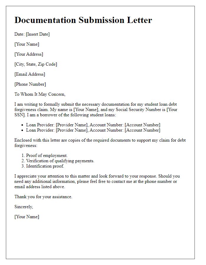 Letter template of documentation submission for student loan debt forgiveness claim.