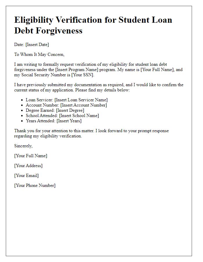 Letter template of statement for eligibility verification for student loan debt forgiveness.