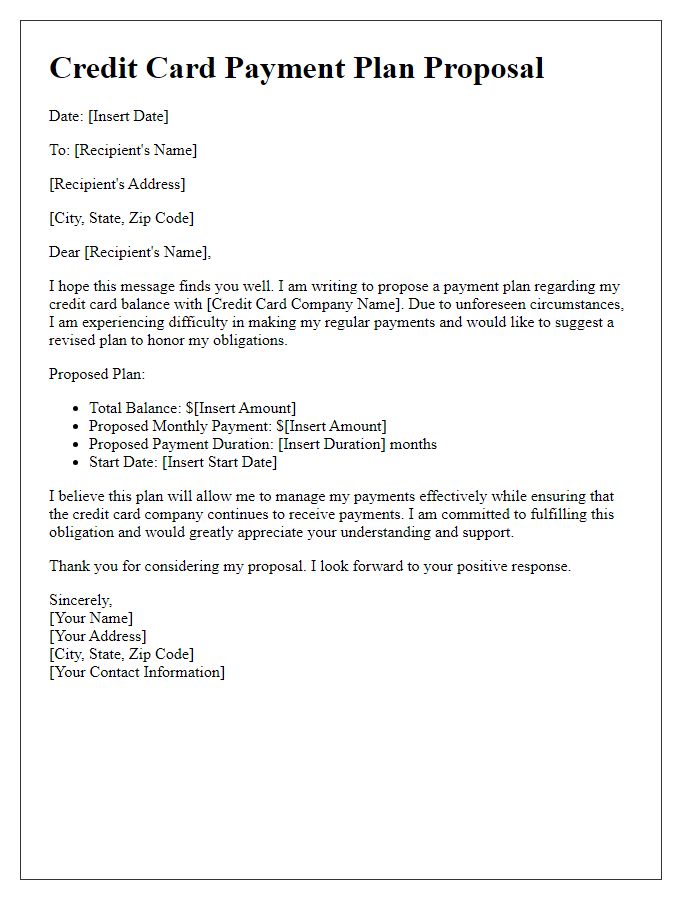 Letter template of credit card payment plan proposal