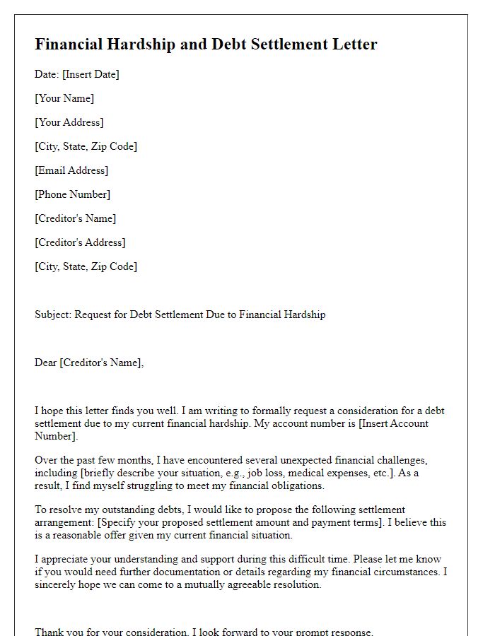 Letter template of financial hardship and debt settlement