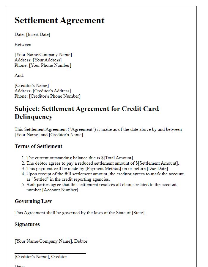 Letter template of settlement agreement for credit card delinquency