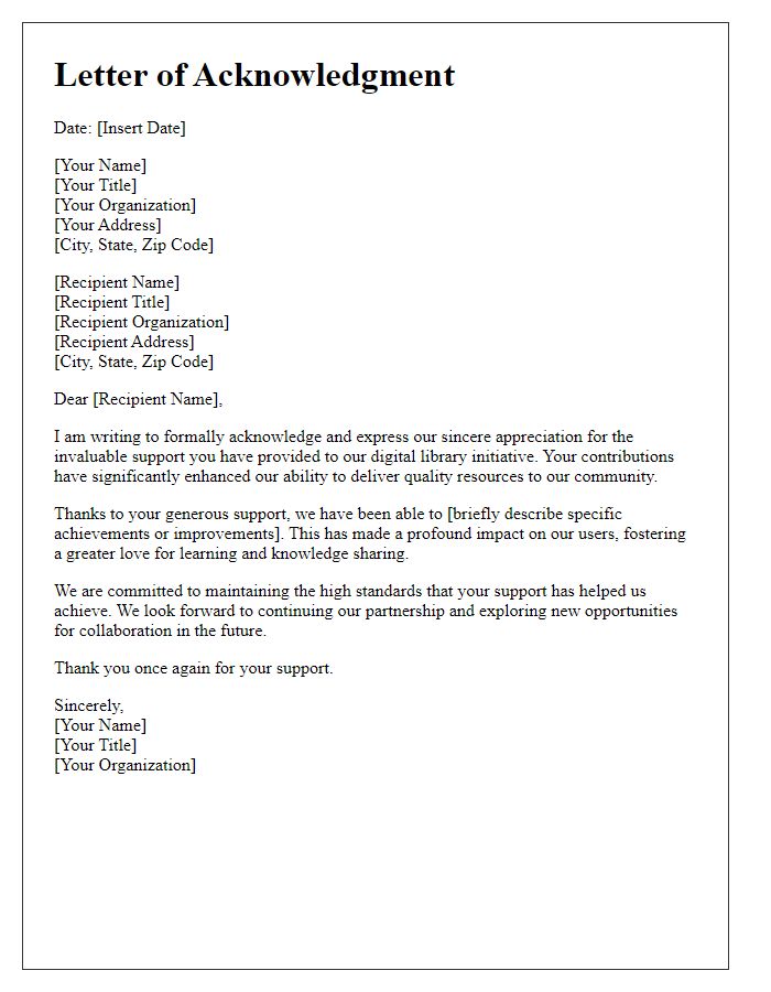 Letter template of acknowledgment for digital library support