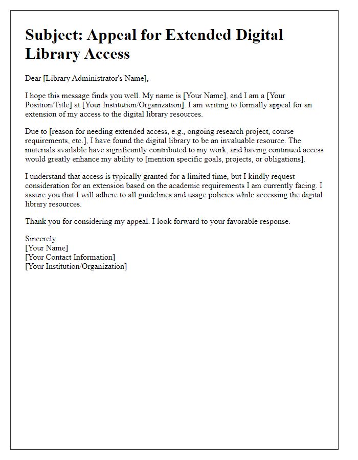 Letter template of appeal for extended digital library access