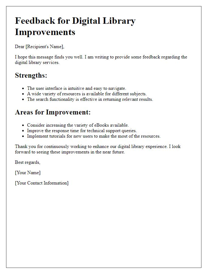 Letter template of feedback for digital library improvements