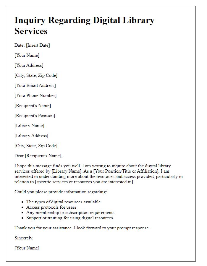 Letter template of inquiry regarding digital library services