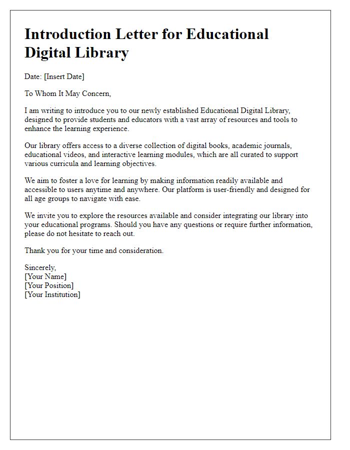 Letter template of introduction for educational digital library