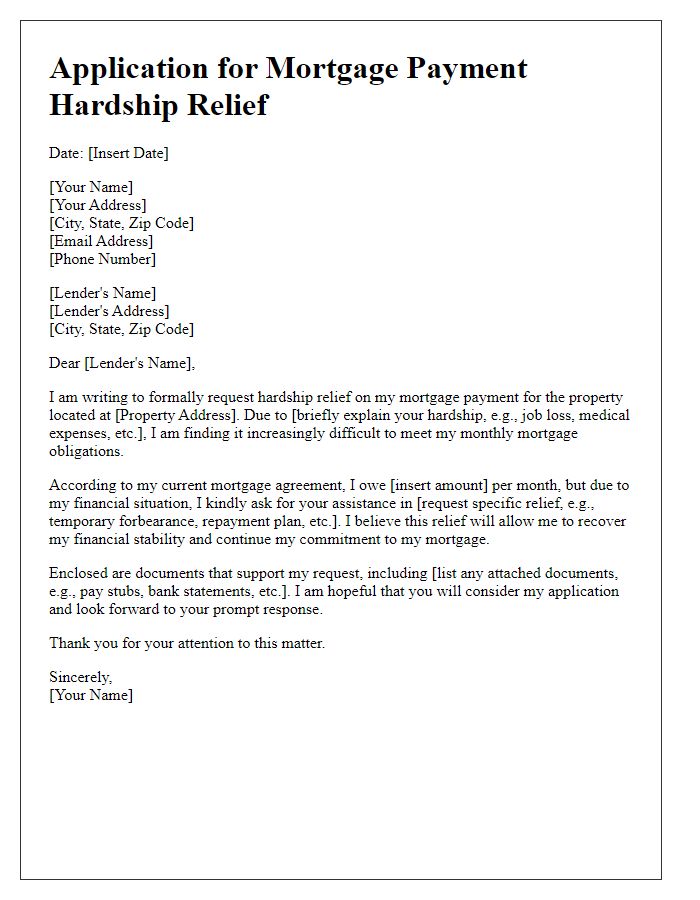 Letter template of application for mortgage payment hardship relief