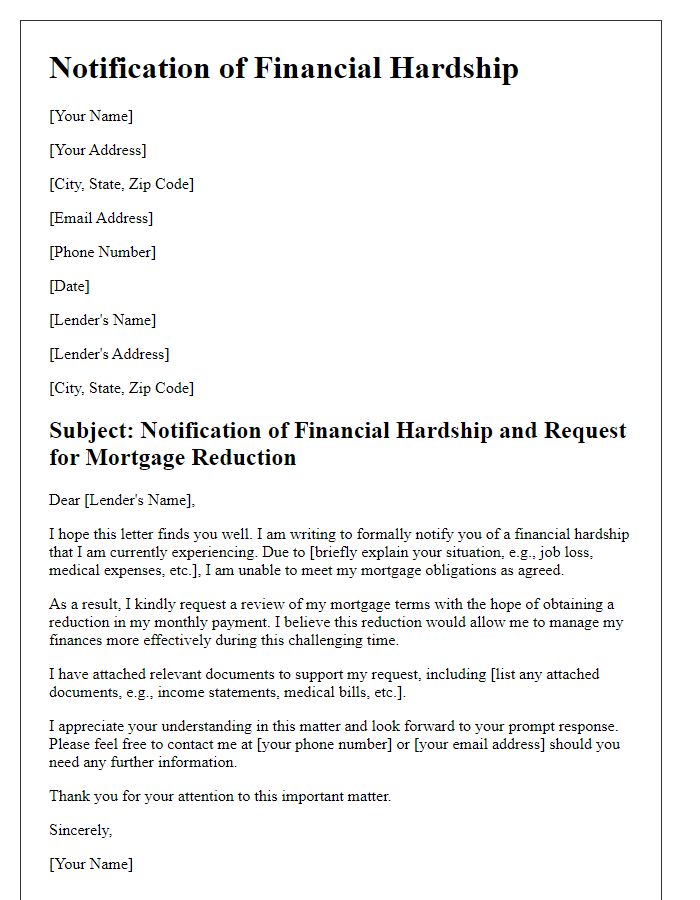 Letter template of notification for financial hardship and mortgage reduction